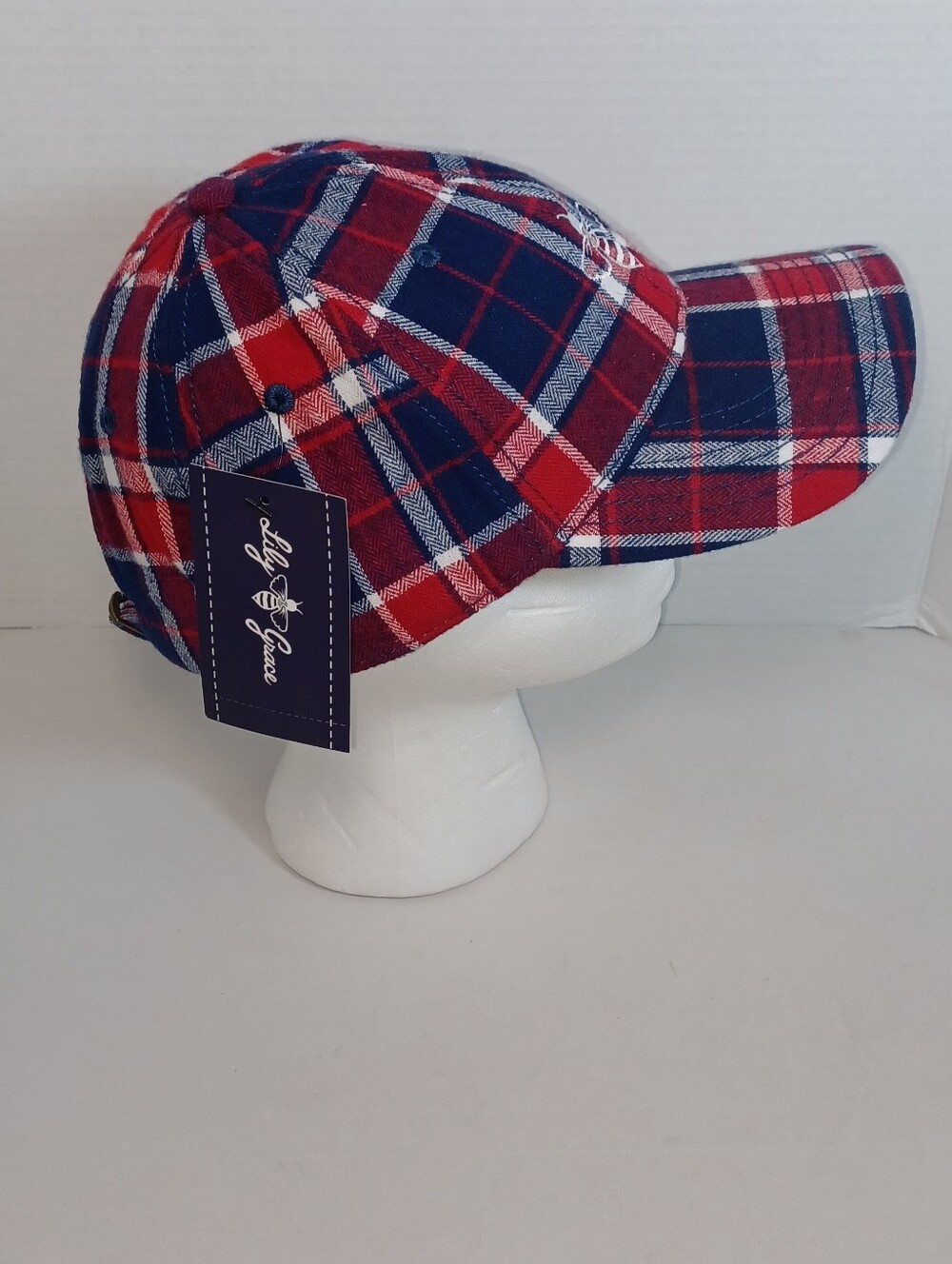 Lily Grace Red, White,and Blue Plaid Baseball Cap Bee Logo Embroidered On Front